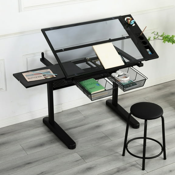 Black Drafting Table With Hand Crank, 2 Metal Drawers, Stool & Extendable Side Desktop 5mm Thick Tempered Glass - Extended
