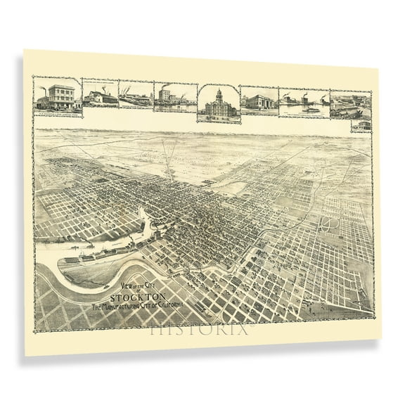 HISTORIX Vintage 1895 Stockton California Map Poster - 18x24 Inch Old View of Stockton City California Wall Map - Historic Map of California Poster