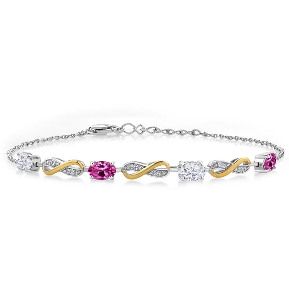 Gem Stone King 925 Silver and 10K Yellow Gold Pink Created Sapphire Lab Grown Diamond Infinity Bracelet for Women Mom Wife Her with Moissanite (2.05 Cttw, Adjustable up to 7.5 inch)