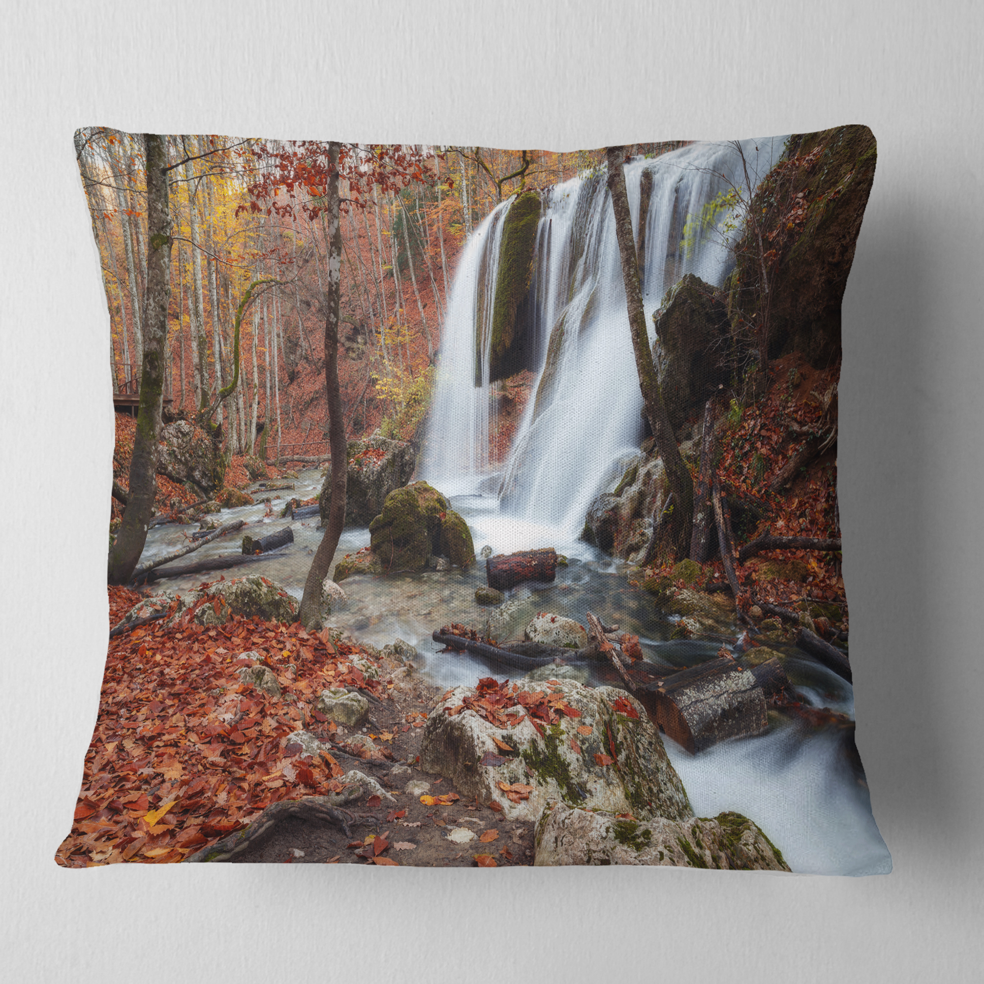 Designart Crimea Waterfall in the Fall - Landscape Photo Throw Pillow - 16x16