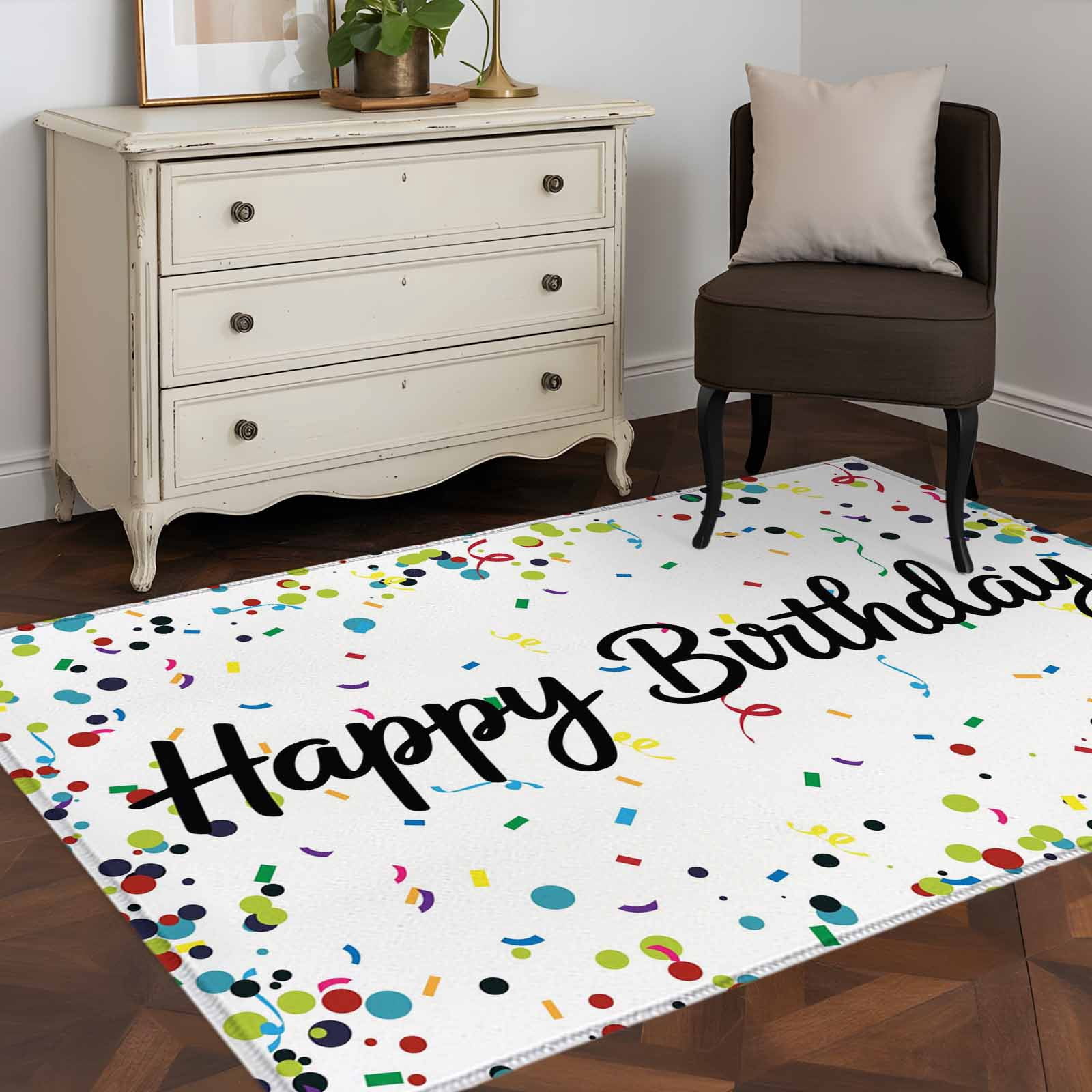 White Birthday Large Area Rugs for Bedroom Living Room, Non Slip Carpet Bedside Rug, Colorful Confetti Ribbons Polka Dots Classroom Rectangular Floor Cover Kitchen Accent Rug 3'x5' for Office