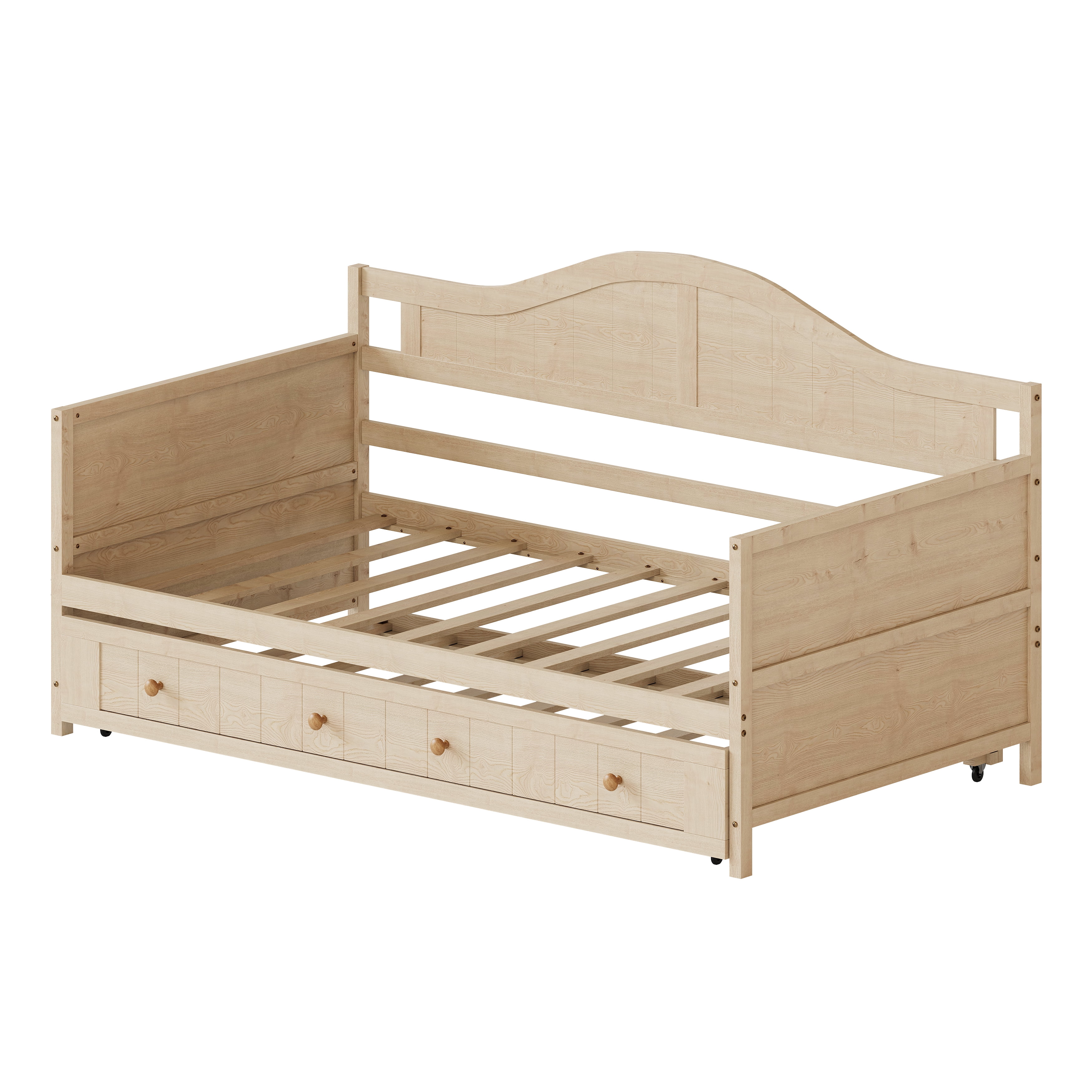Twin Solid Wood Daybed with Drawer Rolling Trundle, Multi-Purpose Single Sofa Bed for Bedroom Living Room,Natural