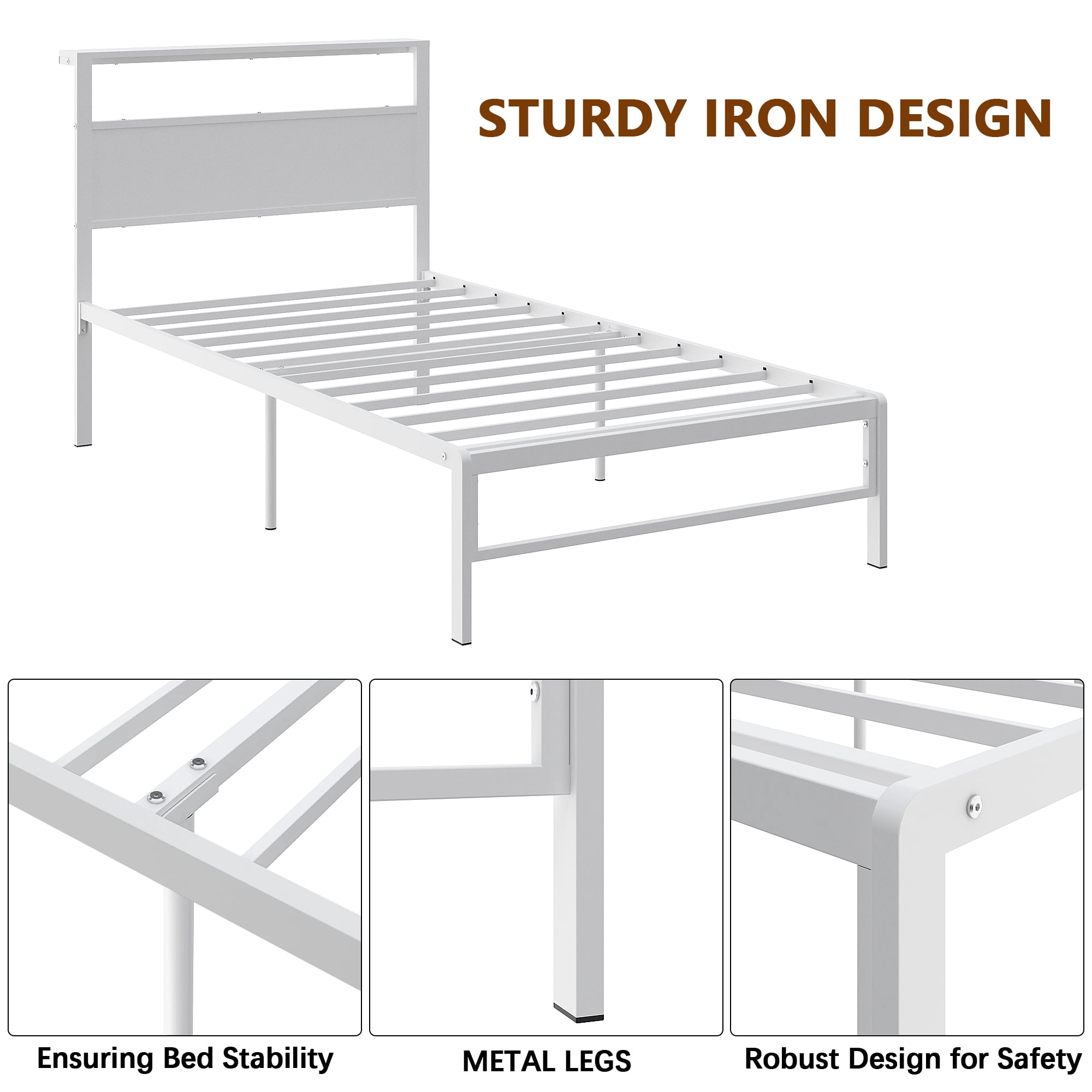 Yoneston Kids Twin Size Metal Platform Bed Frame with Storage Headboard, 12” Single Mattress Foundation for Childs Adults, White