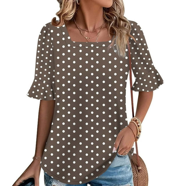 Wensltd Women's Summer Loose Blouses Printed Ruffled Sleeve Square Neck Top