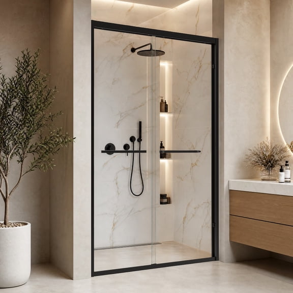 44-48"W x 76"H Aluminum Double Sliding Shower Door, 1/4"(6mm) Clear Tempered Glass, Matte Black