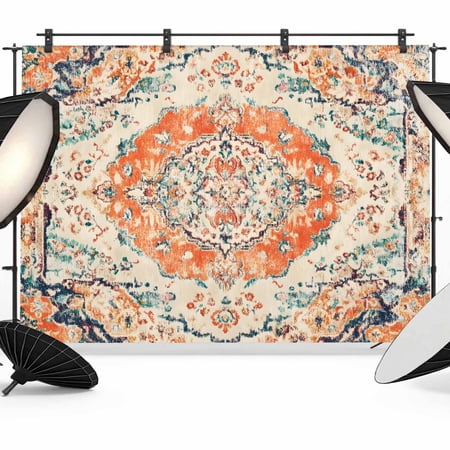 8x6ft Photo Backdrop, Orange Beige Boho Soft Polyester Backdrop Curtains Photography Backdrops, Vintage Ethnic Abstract Art Floral Brushed Background for Photoshoots Studio Video Portrait Parties