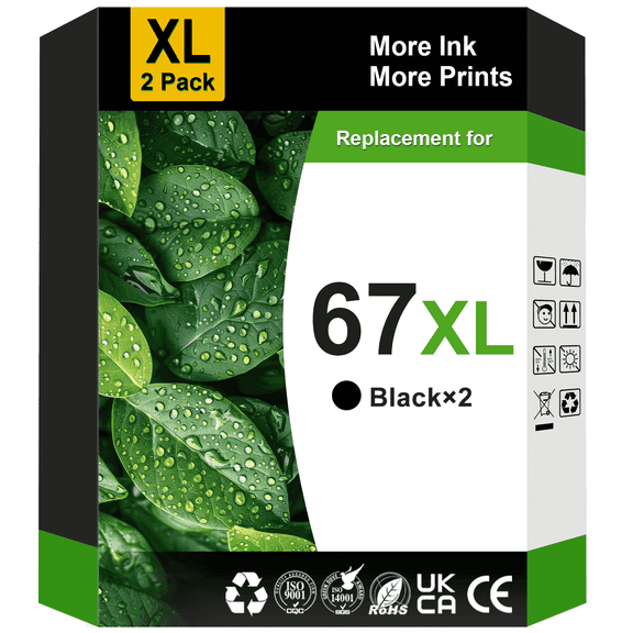 67XL Black Ink Cartridge Compatible for HP 67 Ink Cartridge for HP Ink 67 for Printer Ink HP 67 for DeskJet 2700 2755e 4100 Envy 6055e (2 Black)