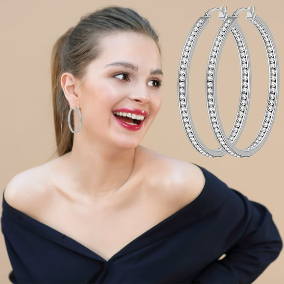 Qonioi Large Hoop Earrings for Sensitive Ears, 50MM Stainless Steel Hypoallergenic Big Hoops, Fashion Zirconia Inlaid Women's Jewelry Gift for Mom Birthday