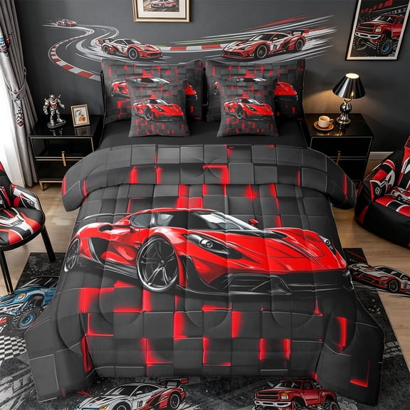 Castle Fairy Neon Red Sports Car Twin Bedding Sets 7-Piece for Teens, Grid Print Bedding Comforter Set for Bedroom, Red Black,Black Reversible