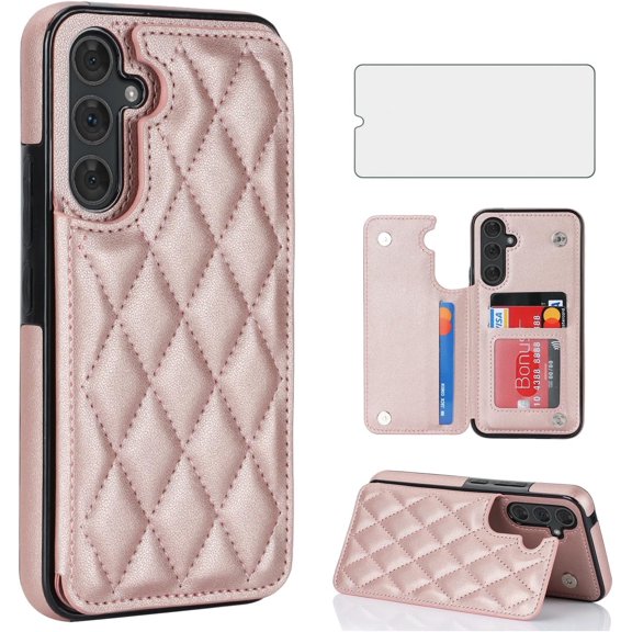 Asuwish Kickstand Hard Shell Wallet RFID Blocking Cell Phone Case with 1 Phone Case 1 Piece Tempered Glass Screen Protector for Samsung Galaxy A14 ,Rose Gold