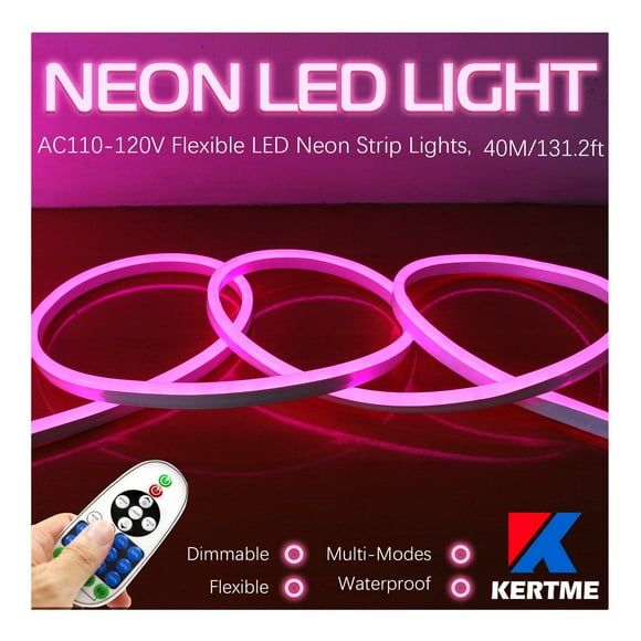 KERTME Bande Lumineuse Néon Led Type CA 110-120 V, Flexible/étanche/à Intensité Réglable/multi-Modes, Corde Lumineuse Led + Télécommande 23 Touches pour Décoration Maison/jardin/bâtiment (131,2 Pi/40 m, Rose)
