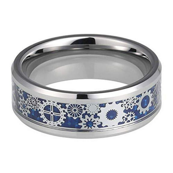 Wedding Rings Men & Women. 8mm Silver Dark Blue Tungsten Band Silver Gears