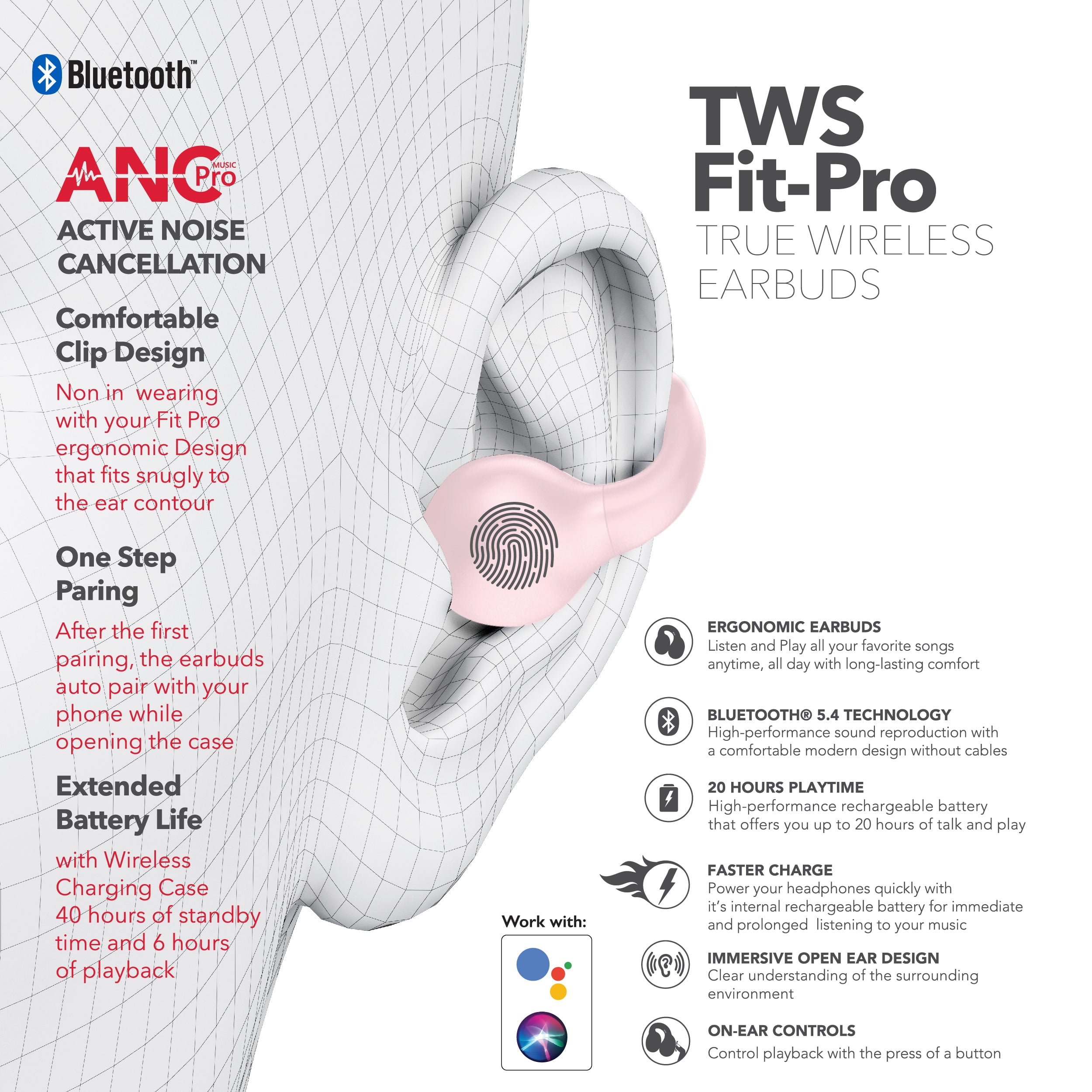 RCA Wave-66 True Wireless Earbuds, Bluetooth, 20H Playtime, Pink