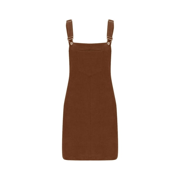 Lovskoo Women's Cute Corduroy Overall Bib Dress Pinafore Suspender Dress Skirt Jumper Dress with Pockets Brown S