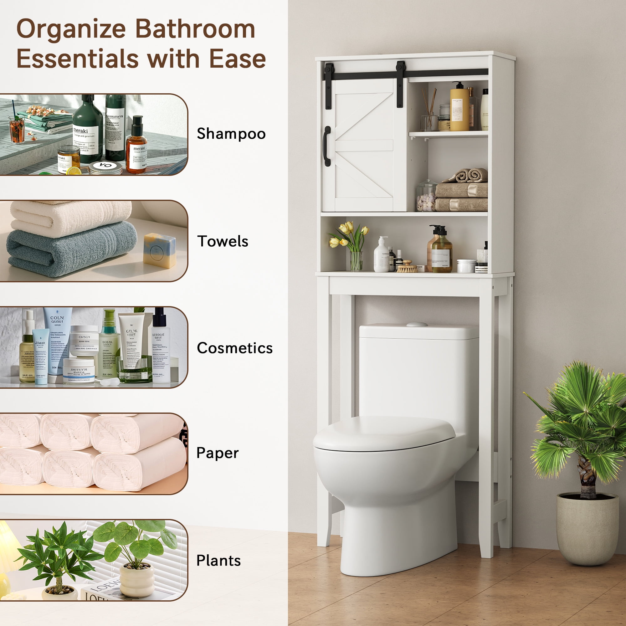Over the Toilet Storage Cabinet, White Bathroom Shelf Organizer with Adjustable Shelf, Sliding Barn Door, Anti-Tipping Design, Waterproof for Bathroom/Laundry Room Organization