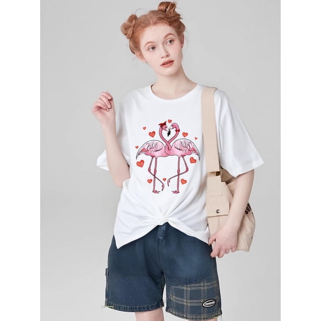 Valentine'S Day Flamingo Heart Print T-Shirt - Casual Crew Neck Polyester Top, All-Season Knit Fabric, Regular Length - Women'S Fashion Clothing Tee For Adult, Men, Women, Teen, Teenager, Adolescent,