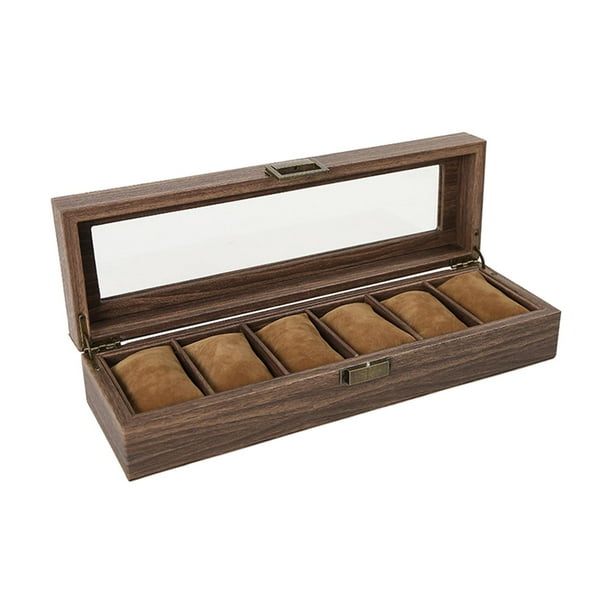 Caja organizadora de relojes de madera con tapa para exhibidor de vidrio - Exhibidor de joyas 6 cuadrícula