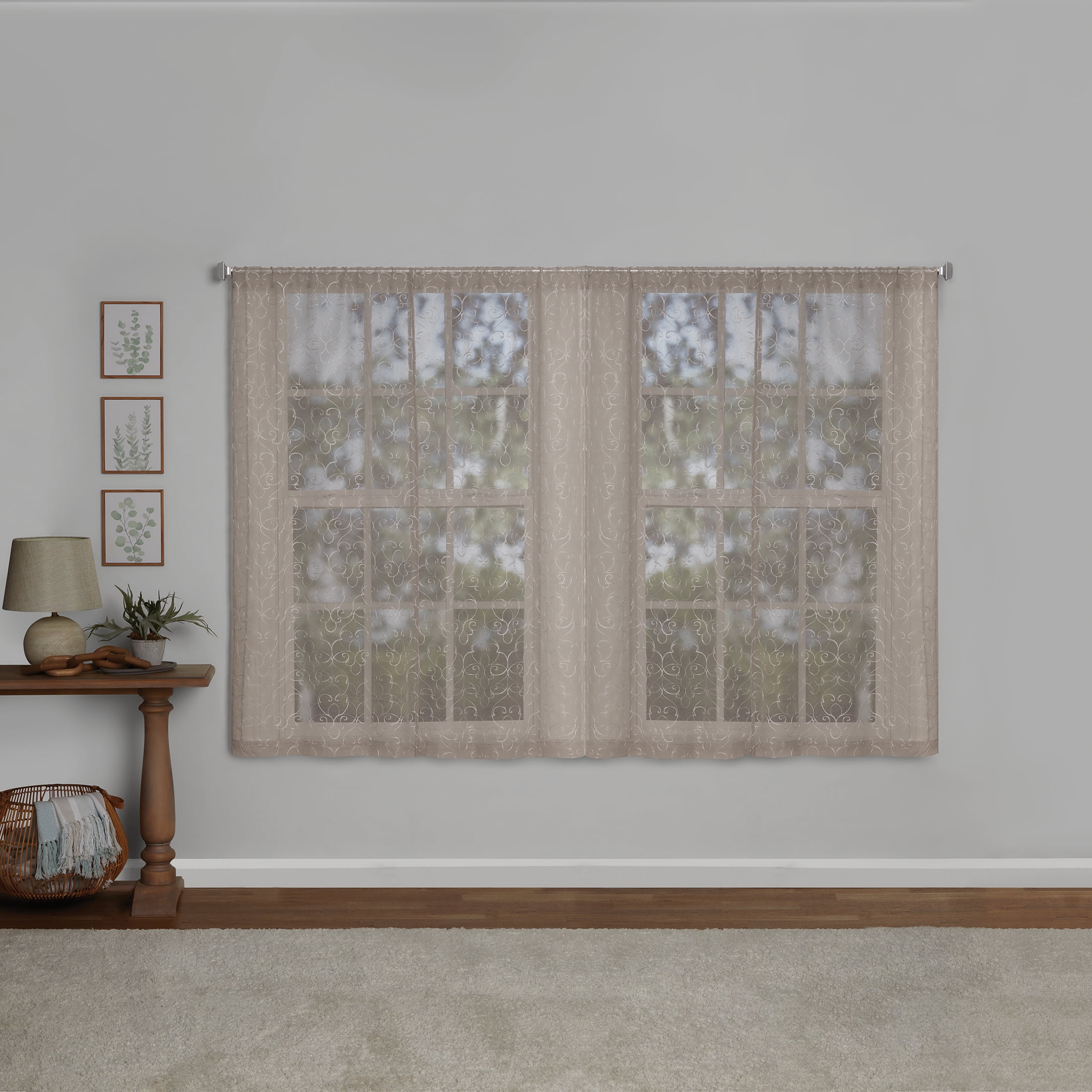 Mainstays Modern Scroll Rod Pocket Sheer Curtains, Set of 4, Beige, 28" W x 63" L