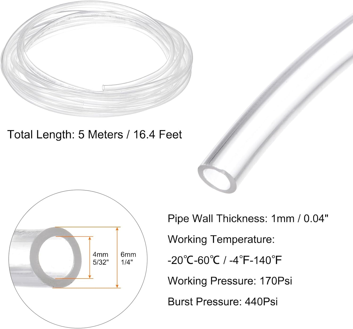 MKEUDQ-Pneumatic Tubing Pipe Pu Hose 6mm OD x 4mm ID 5 Meters(16.4 FT) Air Compressor PU Polyurethane Line Hose Tube for Air Compressor Water Fluid Transfer, Clear