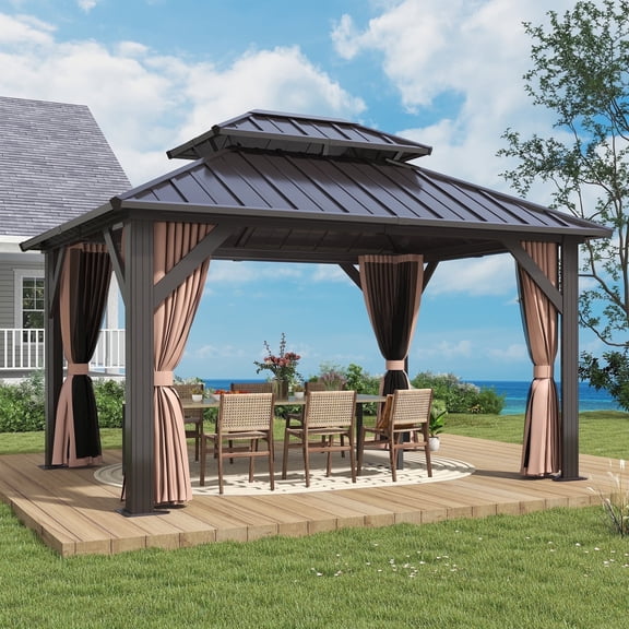 Howsvn 10 Ft x 12 Ft Outdoor Hardtop Gazebo Heavy Duty Pavilion with Aluminum Frame, Galvanized Steel Double Roof Gazebos with Netting and Curtains for Garden, Patio, Lawns