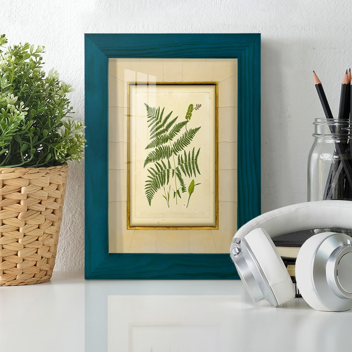 Fern with Crackle Mat (H) IV - Framed Print w/glass - Ocean Blue