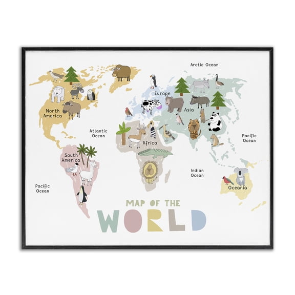 Map Of World Pastel Animals Black Framed Giclee Art, design by Carla Daly