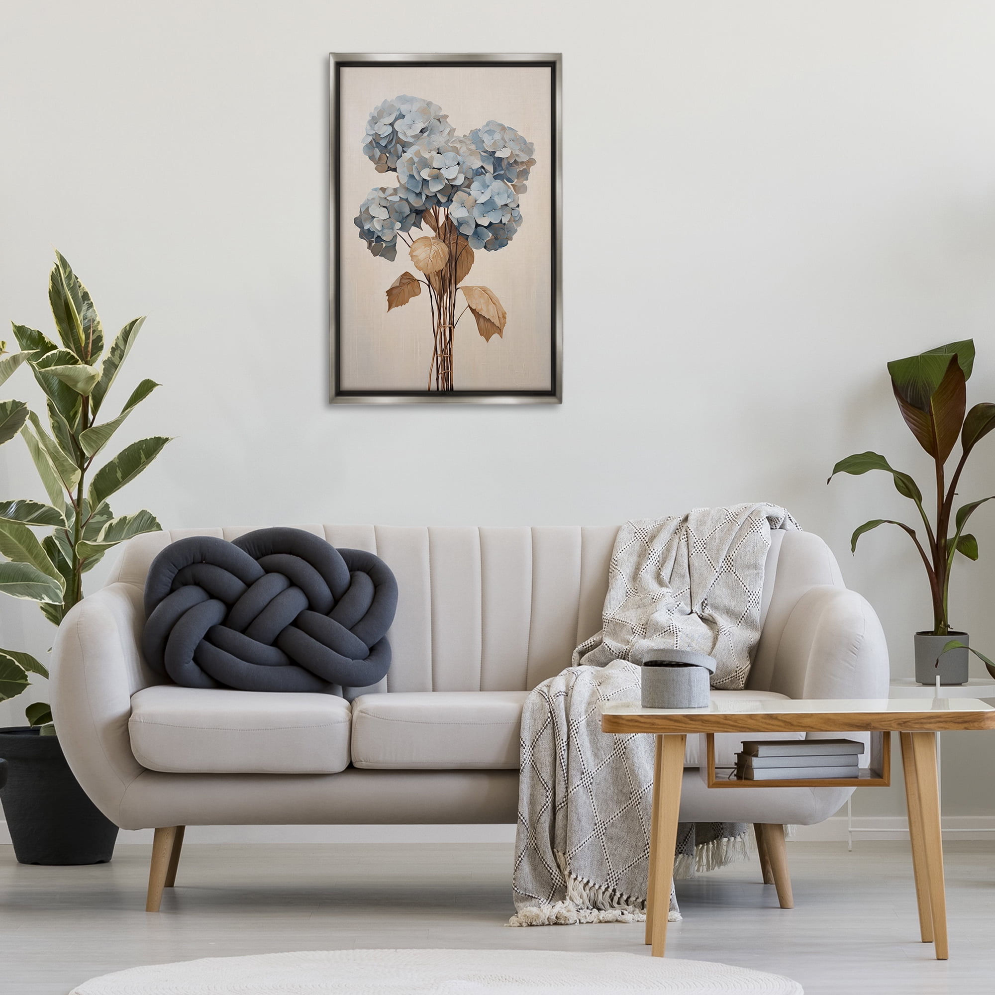 Stupell Industries Vintage Blue Hydrangea Plants & Flowers Painting Gray Floater Framed Canvas Art Print Wall Art, 21 x 31