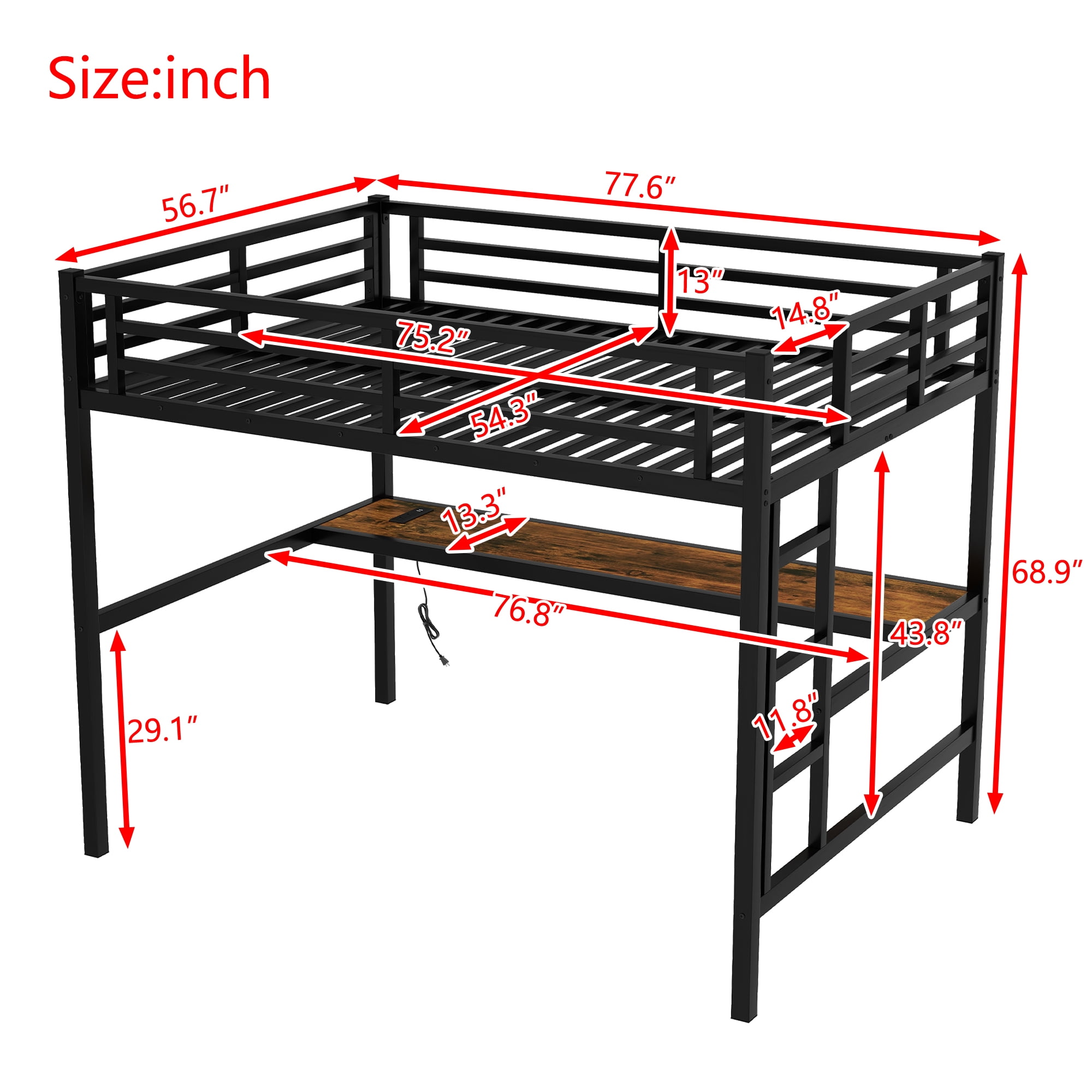 Aukfa Full Size Metal Loft Bed with Desk, Charging Station and LED Lights, Space-Saving, Heavy Duty, Black