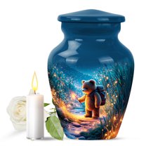 JAGASY Teddy bear Small Urn for Mom - Blue Mini Urn for Ashes Adult Male & Female - Fireflies Tall Grass Decorative Urns for Dad - Keepsake Memorial Urns for Parents - (3 Inch)