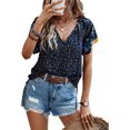 thumbnail image 1 of Blusa de manga corta con cuello en V y estampado floral, camiseta informal elegante y holgada con lazo para mujer, 1 of 6