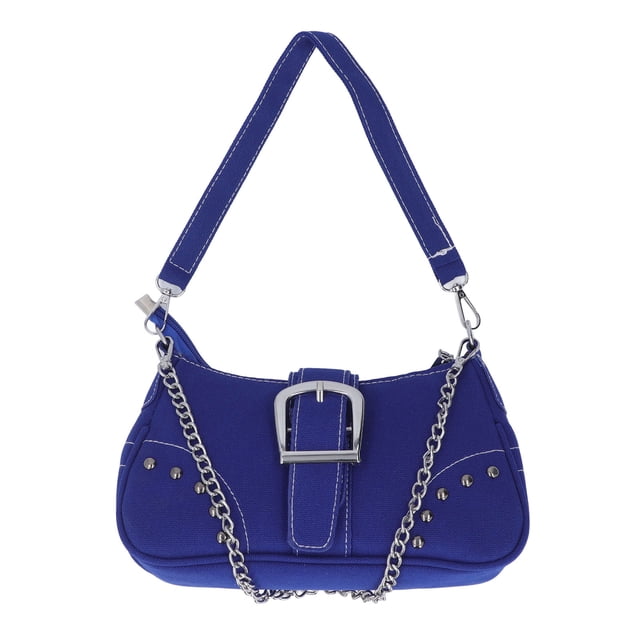 M Buder Bolso de Lona Estilo Femenino Pequeño Bolso Hombro con Cadena Decorativa Underarm Bag Azul Moderno Práctico para Uso Diario 27 cm / 10.6 in