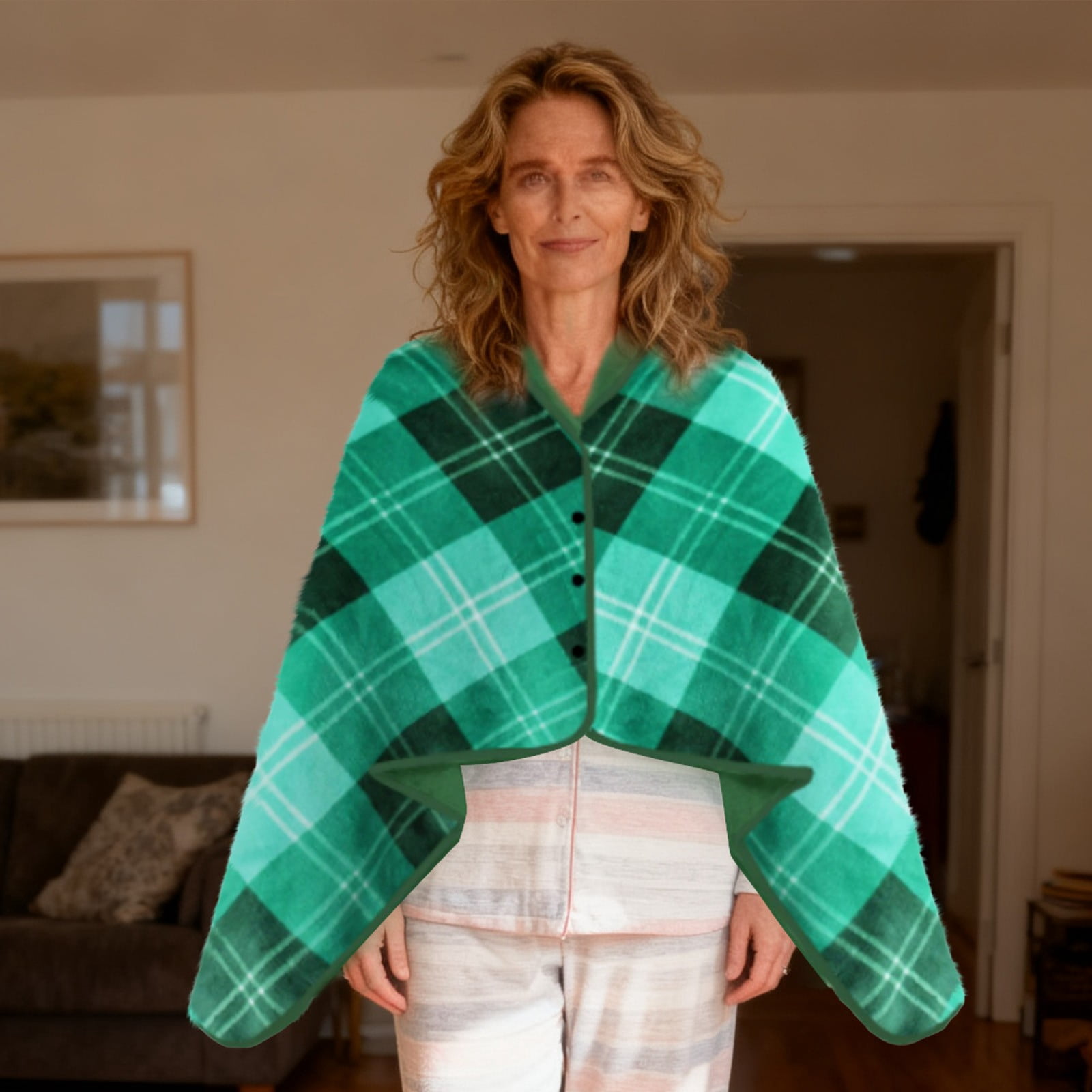 Poncho Couverture Polaire à Carreaux - Femme - Boutons - Doux Et Chaud - 10 Coloris - Neuf Avec étiquettes