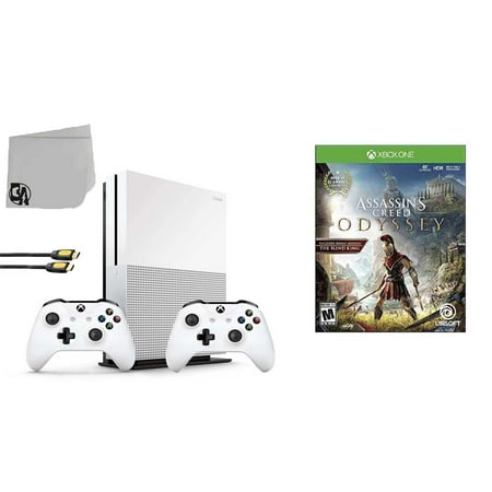 Microsoft Xbox One S 500GB Gaming Console White 2 Controller Included with Assassin's Creed- Odyssey BOLT AXTION Bundle Used
