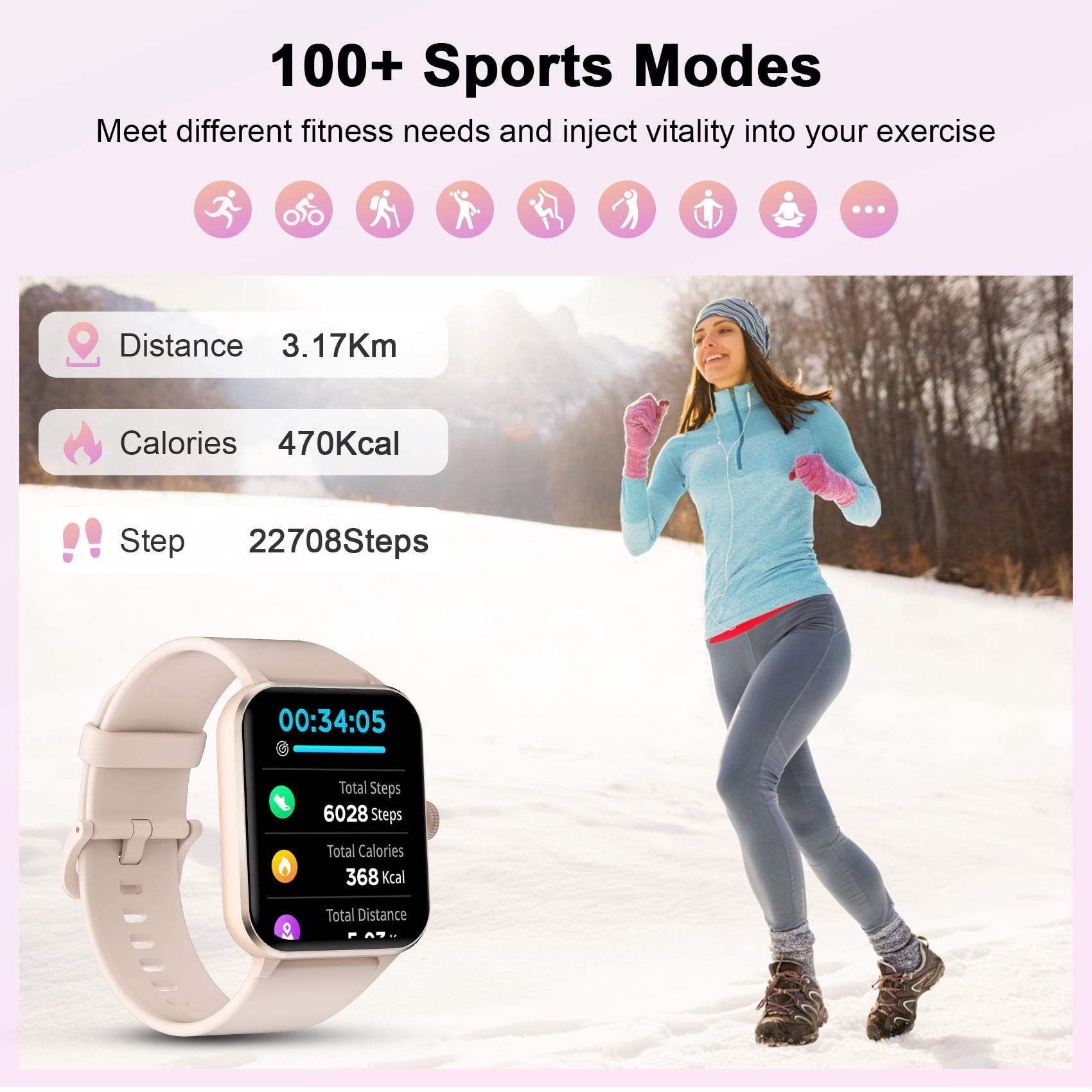 IOWODO 1.85 Smart Watch with Bluetooth Call (Answer/Make), 100+ Sports Modes, AI Voice Assistant, IP68 Waterproof Fitness Tracker for Android and iPhone, Gift for Women Men (Pink)