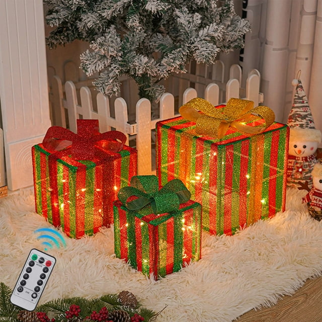 EGNMCR Room Decor, Home Decor, Wall Decor Christmas Lighted Boxes Remote Control, Set Of 3 LED Up Decor Outdoor, Up Christmas Boxes Present Decorations Outdoor Yard holiday decorations