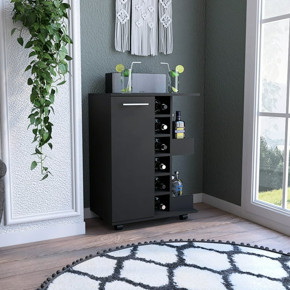 Modern Bar Cart In Black With Four , Six Built-in Wine Rack And Two Open Liquor Bottle Shelves Featuring Enclosed Shelves, Single Door Cabinet, Locking System Rail Guards