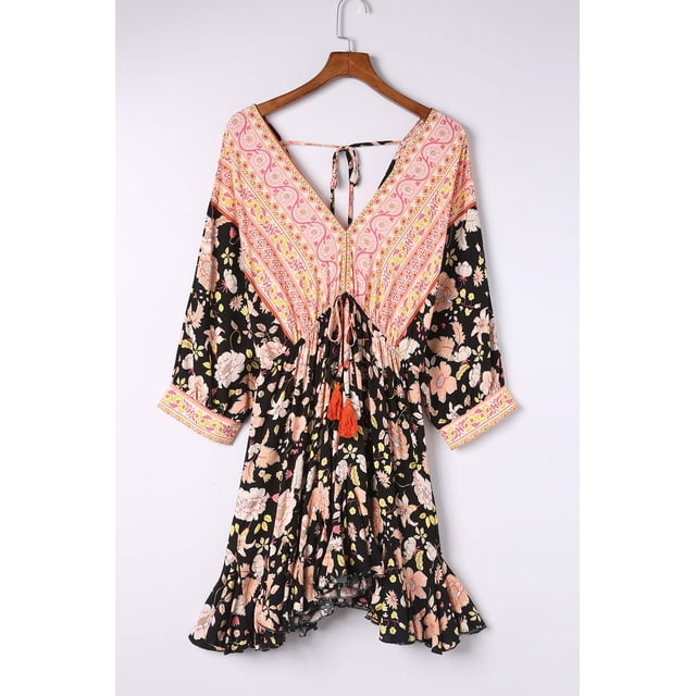 ABPHQTO Vestido floral de manga 3/4 con cuello en V negro para mujer