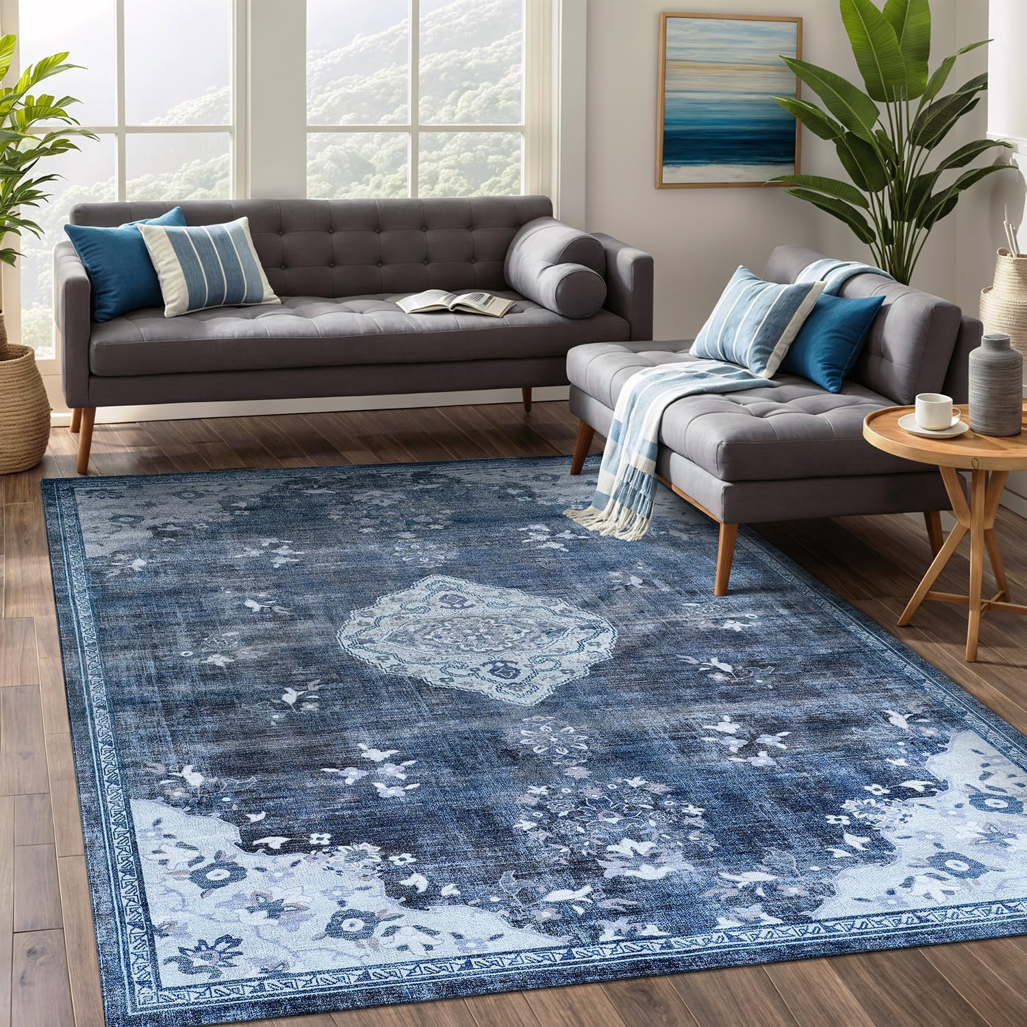 Beverly Rug Machine Washable Easy Cleaning Indoor Non-Slip Rugs Blue / Turquoise 5'x7'