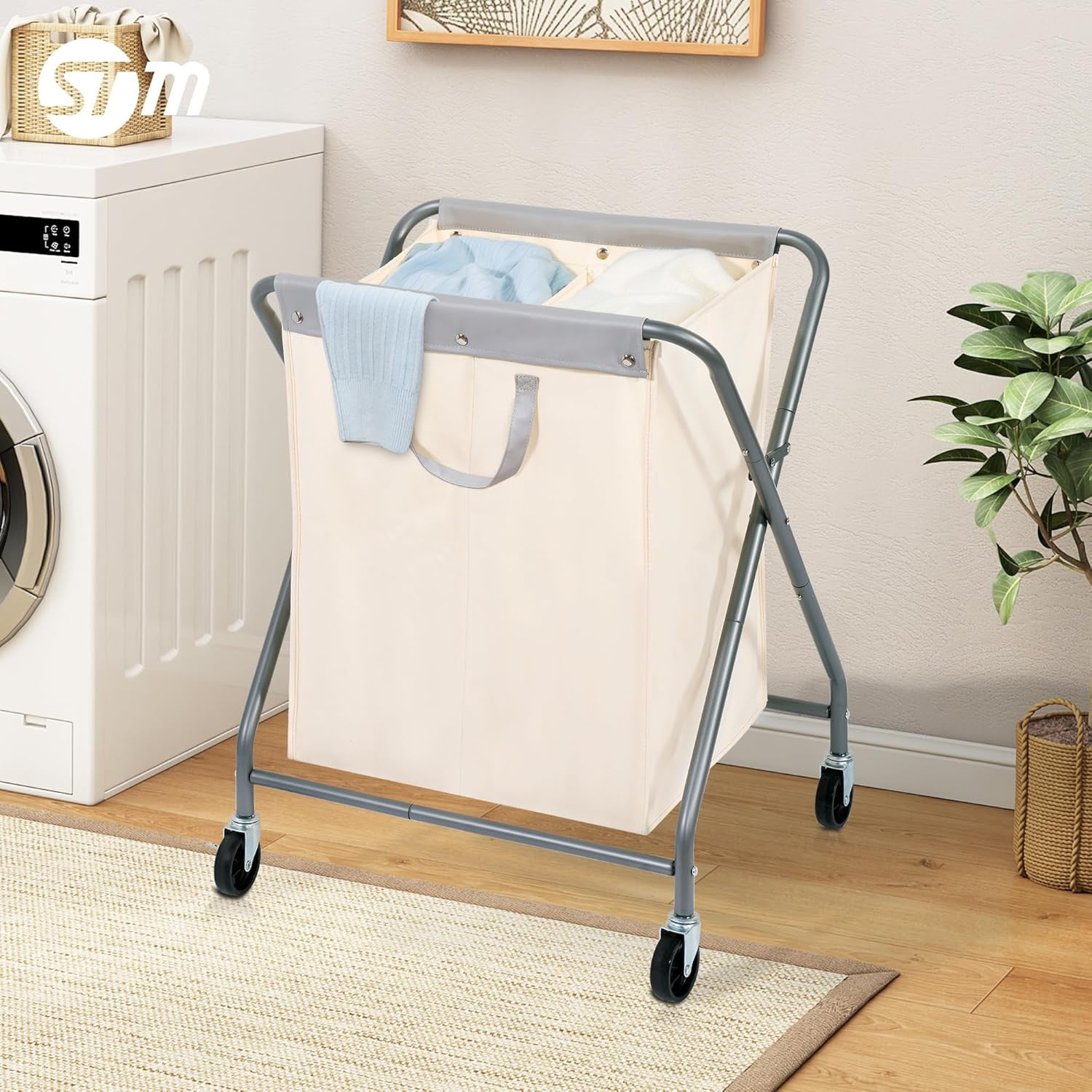 125L Collapsible Laundry Hamper with Wheels, Rolling Laundry Basket, Heavy Duty Cloth Sorter with Removable Bag, Folding X Frame Clothes Organizer Cart for Easy to Store, 2 Section