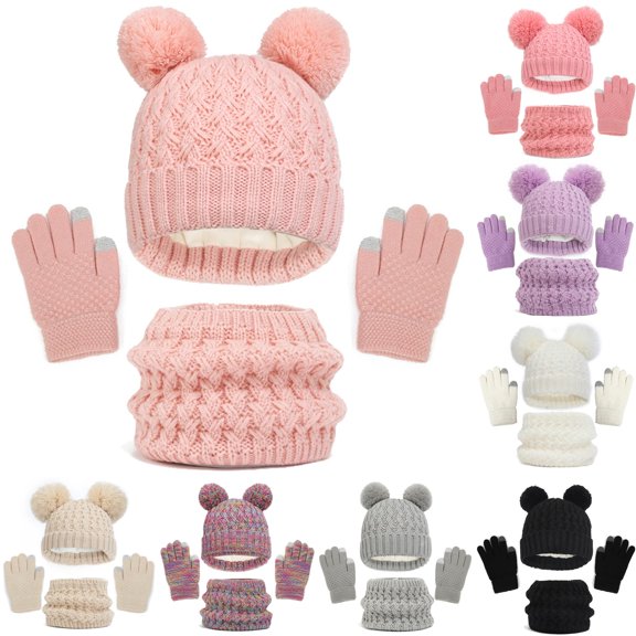 Inmuld Solid Cable Knit Lined Double Pom Pom Beanie Neck Warmer and Touch Screen Glove 3 Piece Kids Winter Accessory Set 1-6 Years,Pink