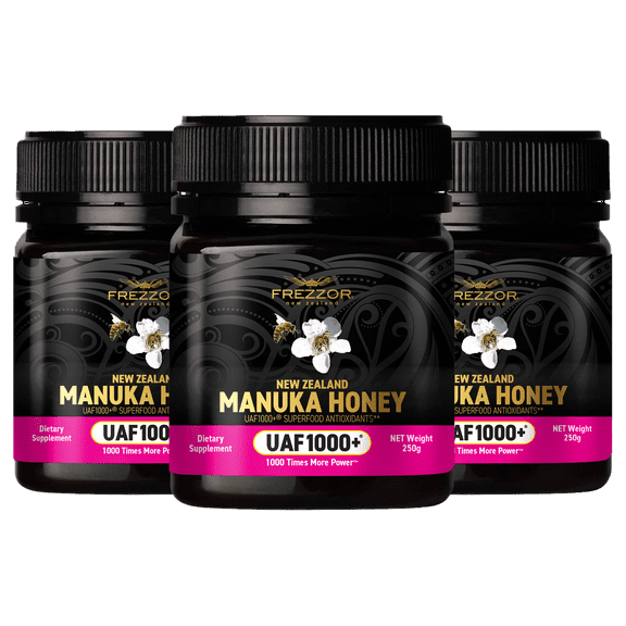 FREZZOR Manuka Honey UAF1000 ® – Raw New Zealand Monofloral, Ultimate Antioxidant Superfood (8.8oz/250g) , 3 Jars