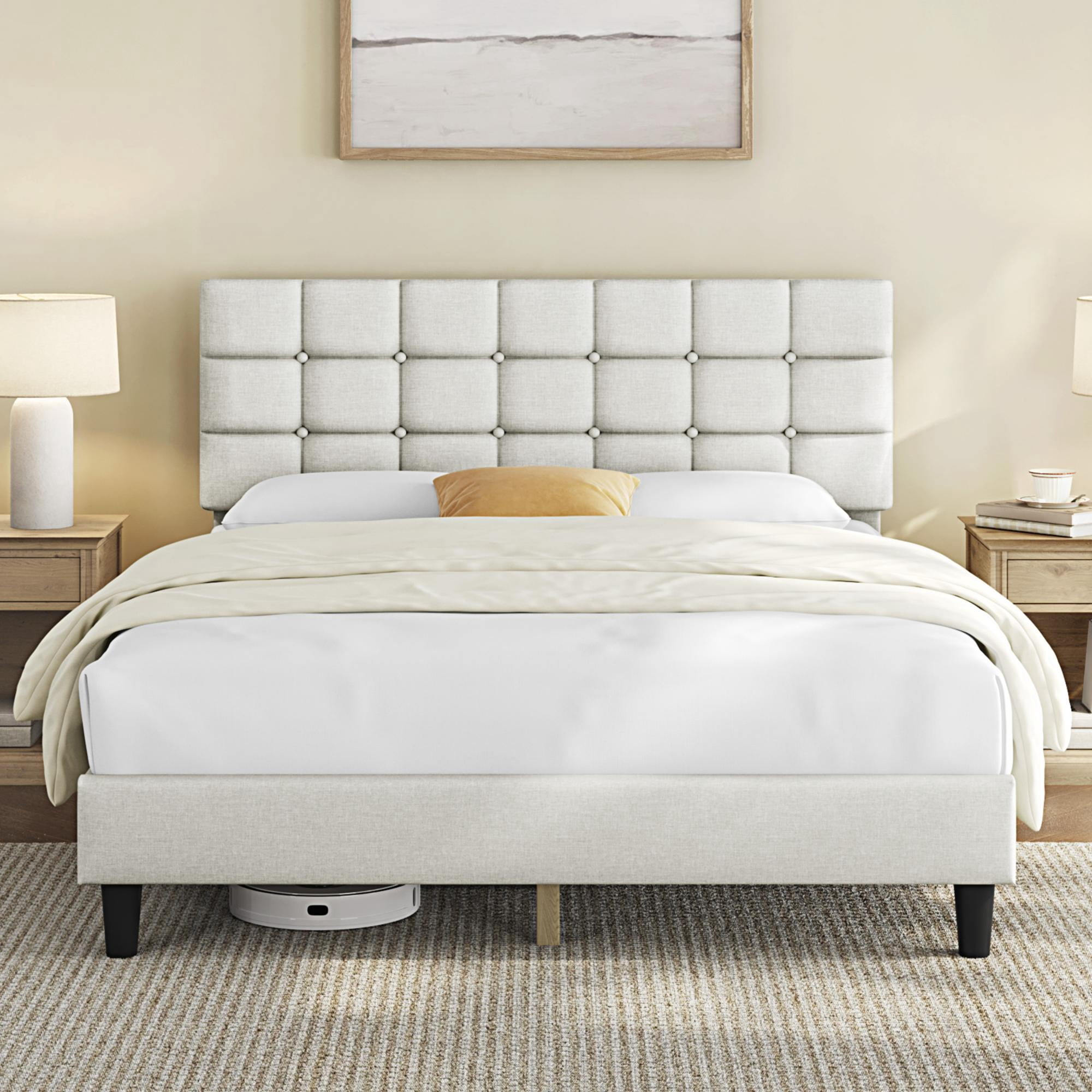 Renwick Queen Size Upholstered Platform Bed with Square Tufted Headboard for Adult, Beige