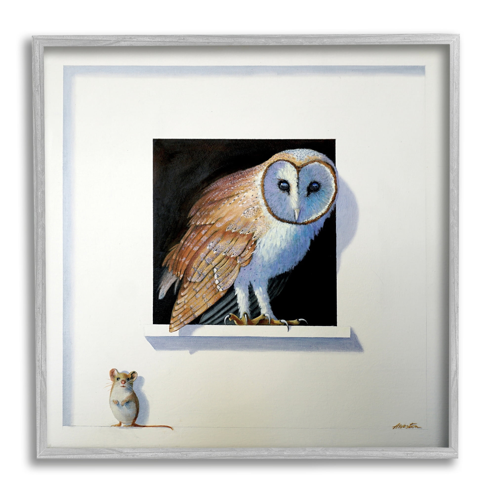 Stupell Industries Barn Owl Peeking Little Hiding Mouse Painting Painting Gray Framed Art Print Wall Art, Design by Alan Weston