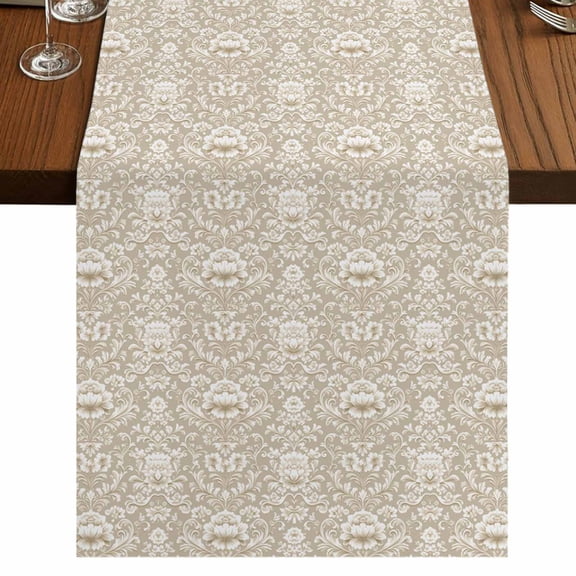 Beige Damask Short Table Runner 60 Inches Long,Vintage Country Scroll Floral Patterned Cotton Linen Table Runners Dresser Scarves,Fabric Tabletop Scarf Furniture Cover for Home Dinner Party 13"x60"
