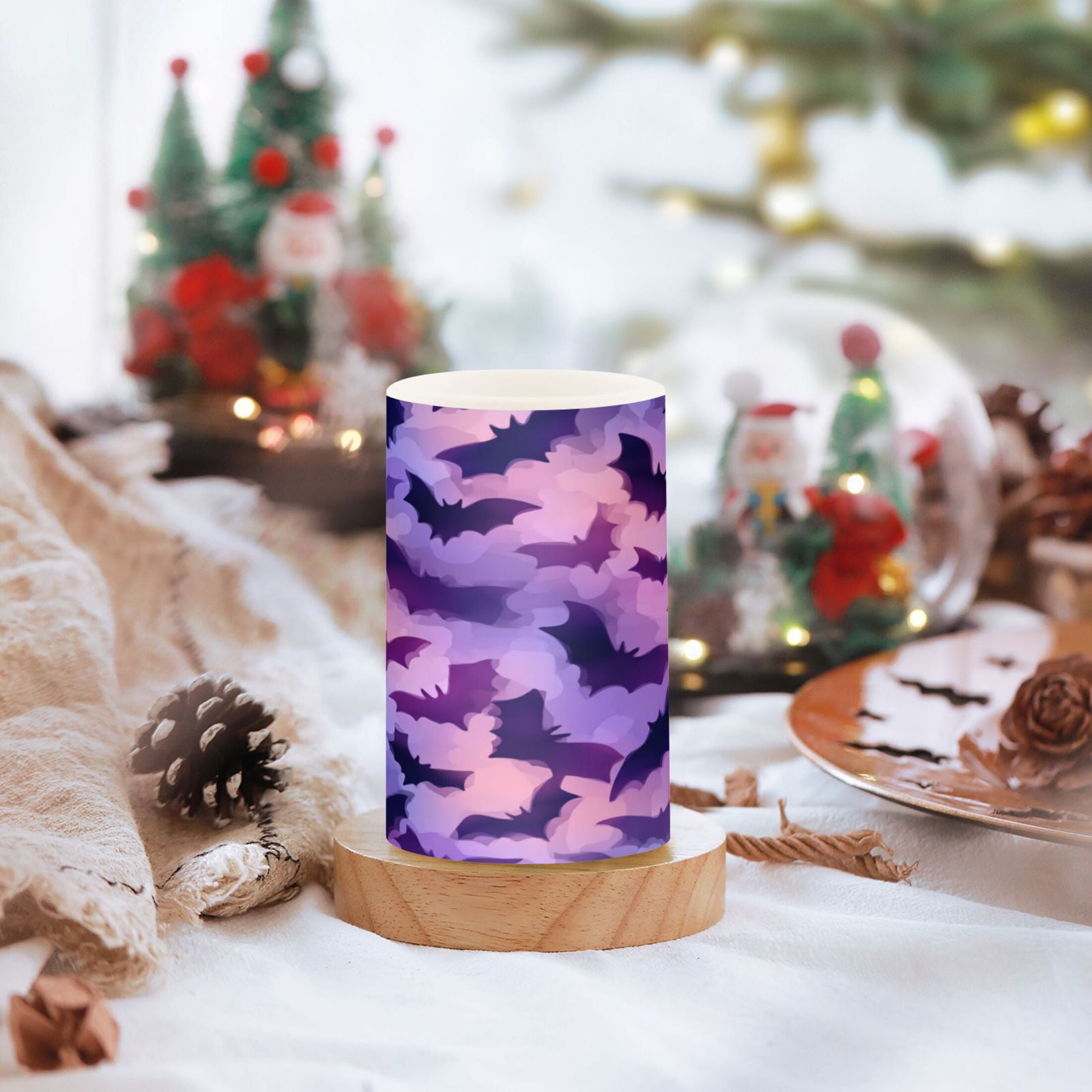 2 PCS Flameless Candles with Remote Timer LED Battery Operated Flickering Candle Light for Wedding Table Home Decoration Gifts Purple Bats Pattern