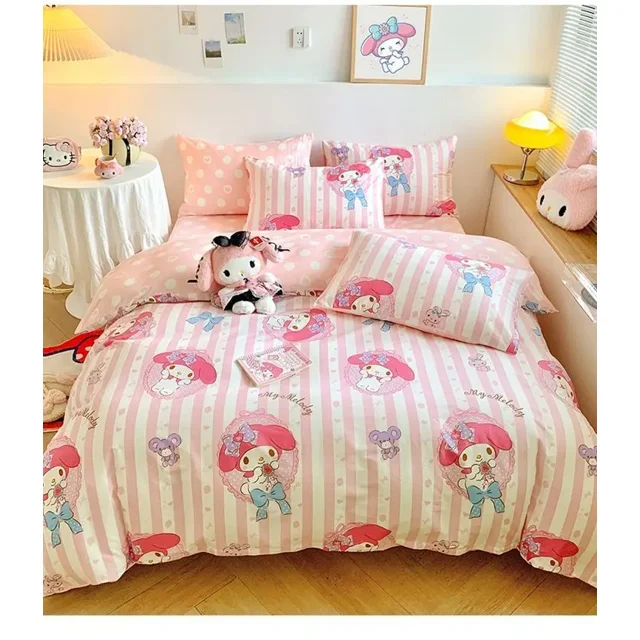 Kuromi My melody juego de tres piezas de algodón puro Sanrio cómoda sábana suave funda nórdica dibujos animados de anime ropa de cama de corazón femenino