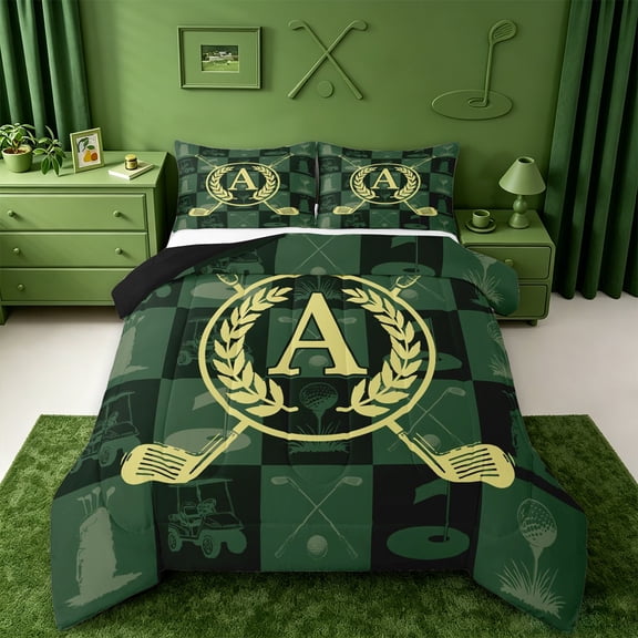 Catabedysis Golf Print Full Size Comforter Sets For Boys,Ball Monogrammed A Design Bedding Comforter Set,Black Reversible,3 Pieces,1 Comforter and 2 Pillowcases