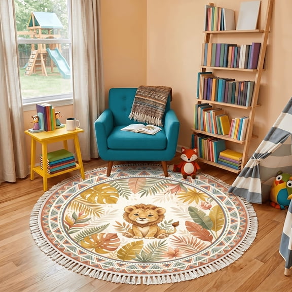 Washable Non Slip 4ft Round Rug, Cute Lion Cub Tropical Leaves Circle Area Rugs with Tassels Carpet for Nursery Bedroom Living Room Playroom Tent Rug
