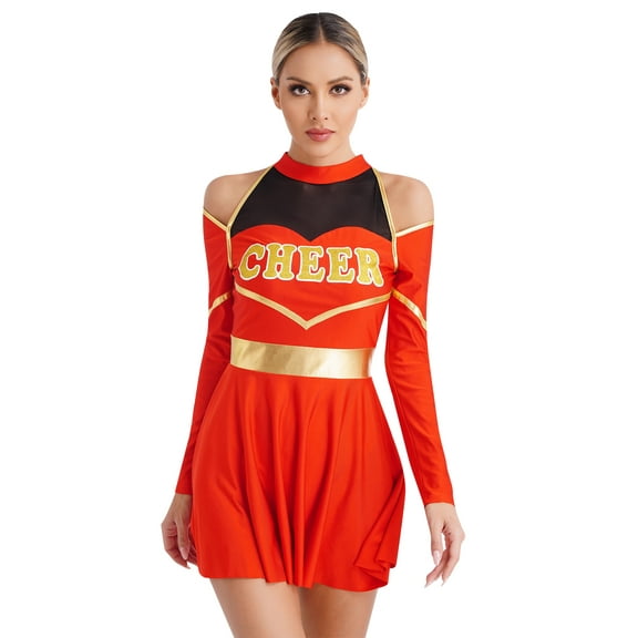 Sxiwei Womens Youthful Schoolgirl Costume Cold Shoulders Halloween Party Complete Cheerleading Red S