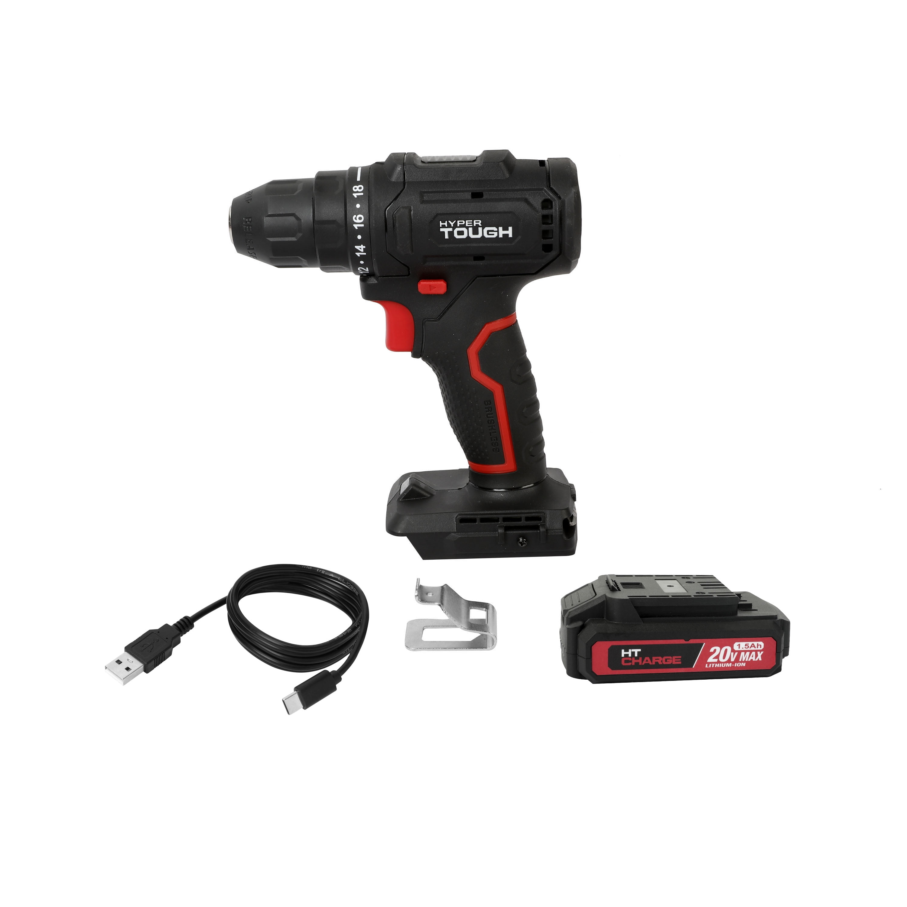Hyper Tough 20V Brushless Cordless Drill with 1.5Ah Battery and USB-C Charging Cable